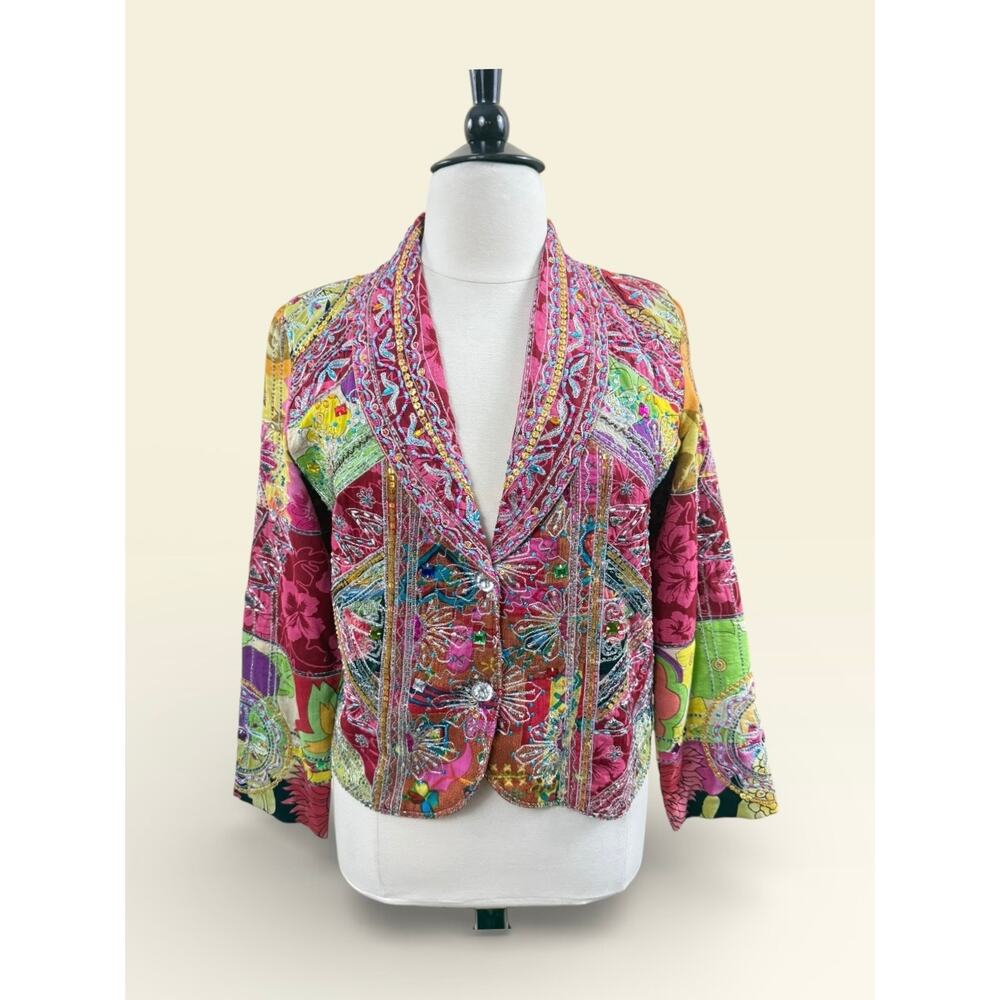 Vintage Sandy Starkman Pink Patchwork Jacket with Sequins and Bead Work, Size L